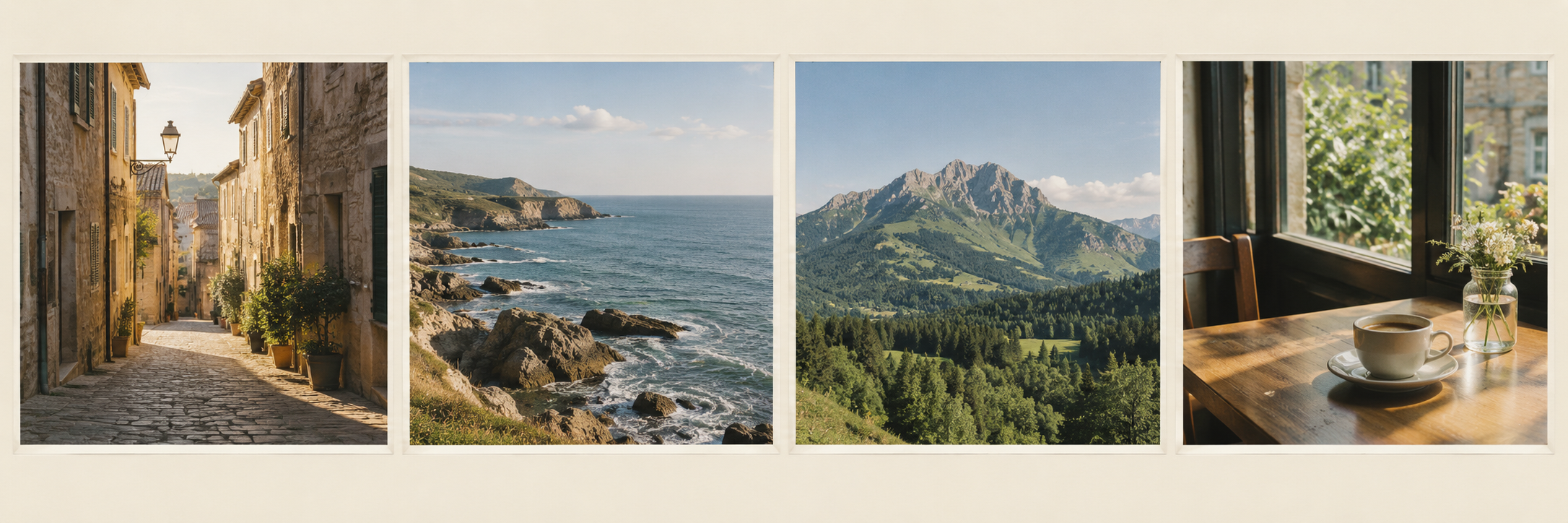 Photos of an old street, the coast, mountains, and a cup of coffee